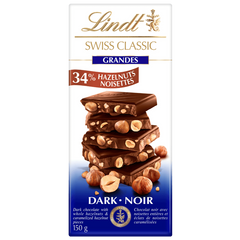 Lindt SWISS CLASSIC GRANDES Hazelnut Dark Chocolate Bar, 150g